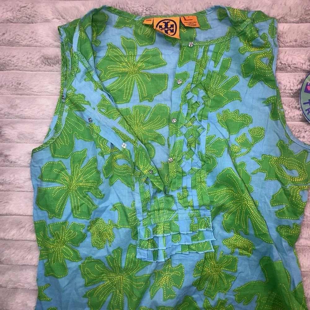 Tory Burch Tank Top Women's 2/XS Bright Green Blue Leaf Ruffled Button Shirt Lux